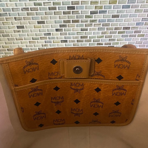 MCM Cognac Visetos Monogram Green Stripe Liz Shopper Tote - Picture 6 of 13